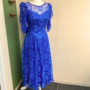 Vintage 80s Royal Blue Lace Prom Dress with Bow Back